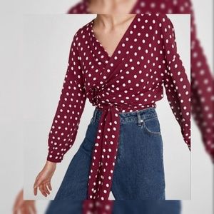 Zara (burgundy polka-dot wrap blouse)
